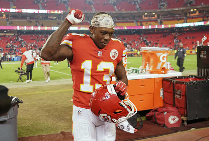 Nov 21, 2021; Kansas City, Missouri, USA; Kansas City Chiefs wide receiver Byron Pringle (13) leaves the field after the win over the Dallas Cowboys at GEHA Field at Arrowhead Stadium. Mandatory Credit: Denny Medley-USA TODAY Sports